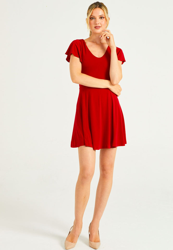 Reversible Mini Dress With Flutter Sleeves & Waist Tie In Red - jqwholesale.com