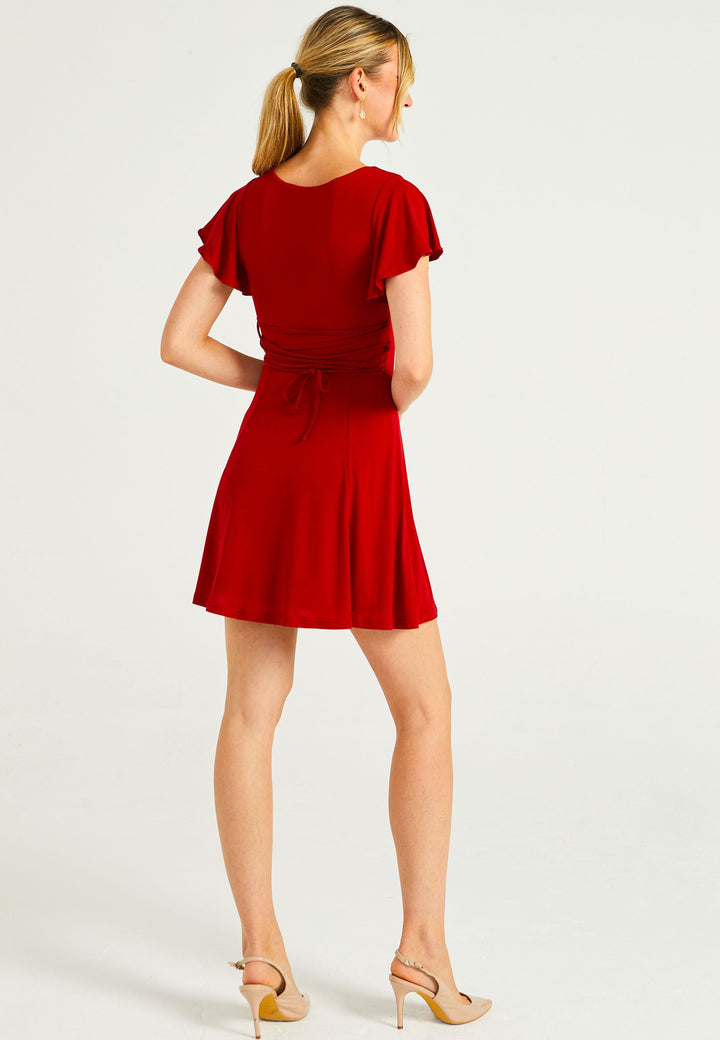 Reversible Mini Dress With Flutter Sleeves & Waist Tie In Red - jqwholesale.com