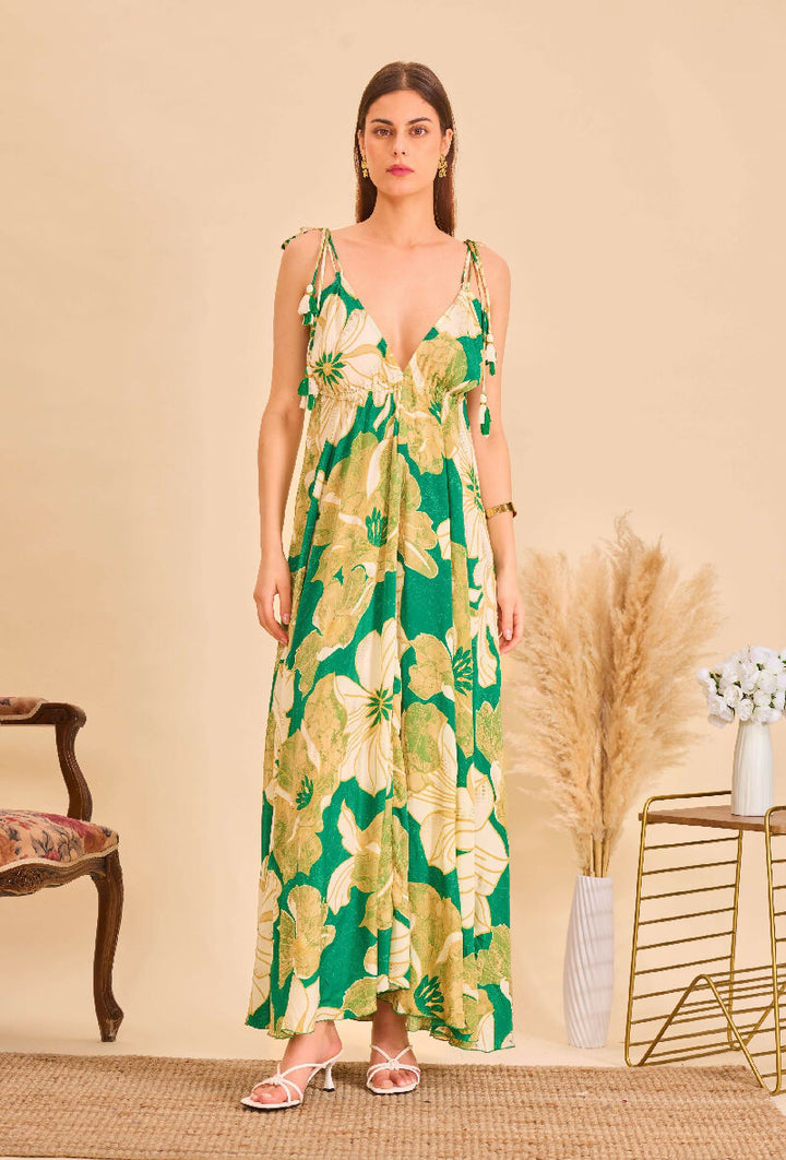 Long bohemian silk backless dress - Green