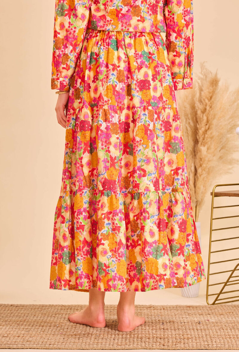 Long cotton skirt with floral print - Black