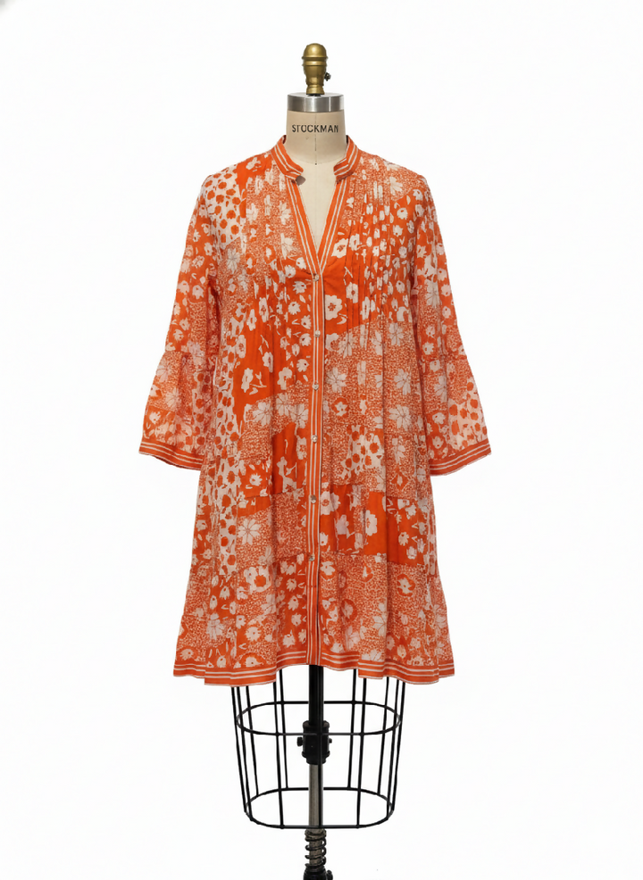 Short A-line dress in printed cotton- Orange