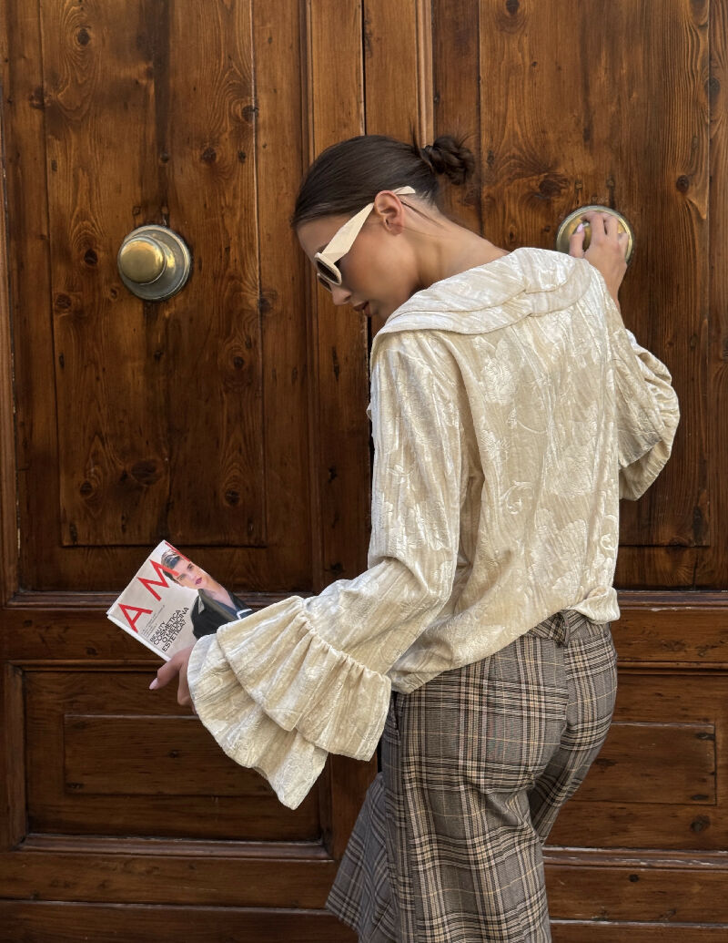 Embroidered Velvet Ruffle Blouse