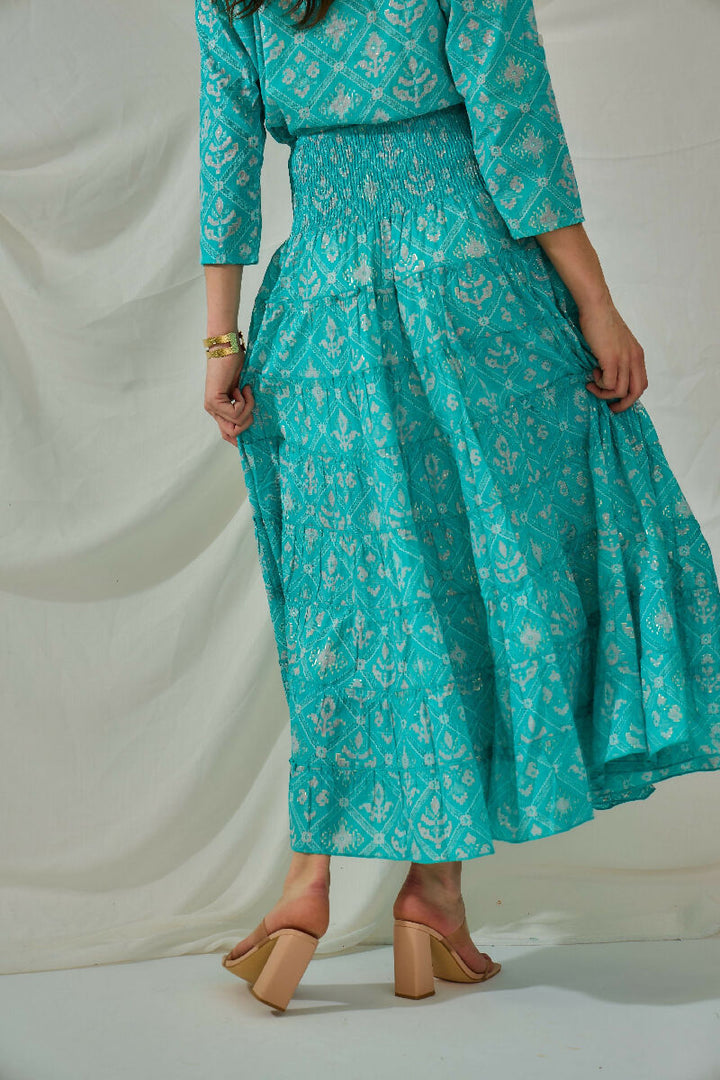 Bohemian long cotton smocked skirt- Turquoise