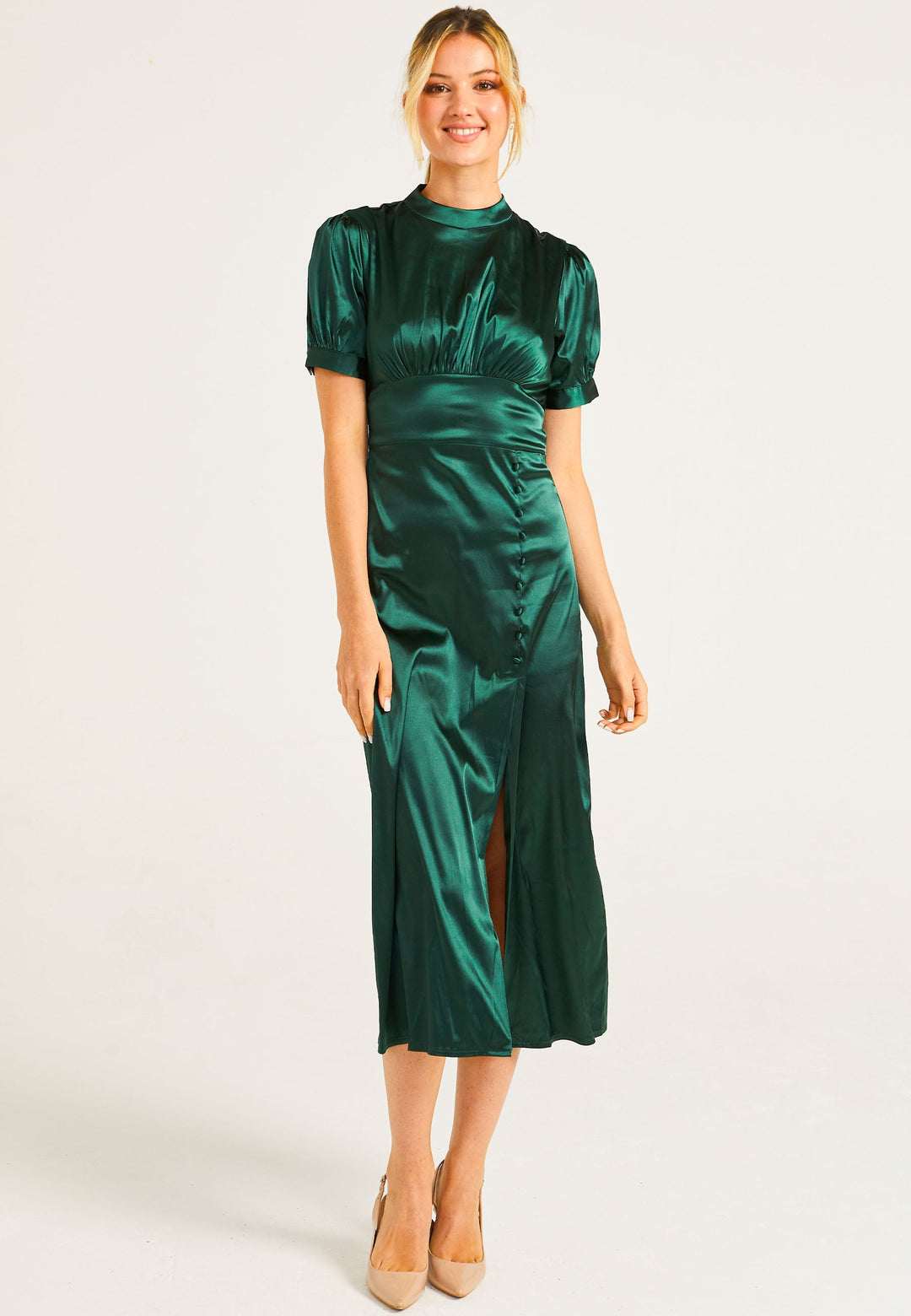 Puff Sleeve Midi Dress With Leg Slit In Dark Green - ANGELEYE
