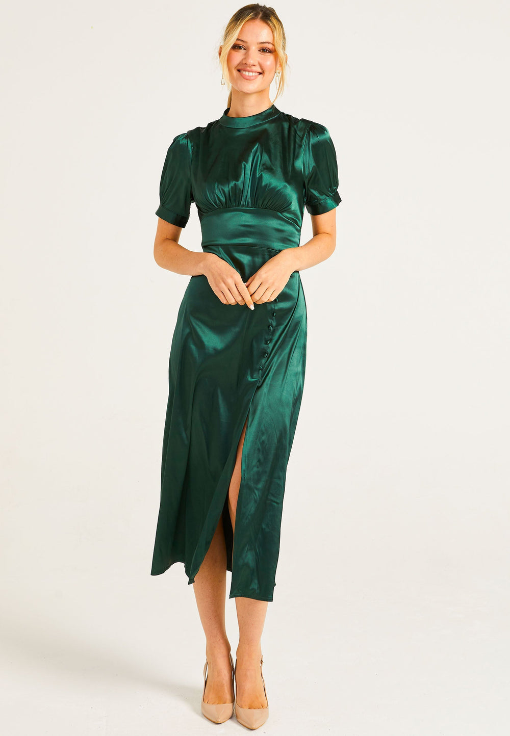 Puff Sleeve Midi Dress With Leg Slit In Dark Green - ANGELEYE