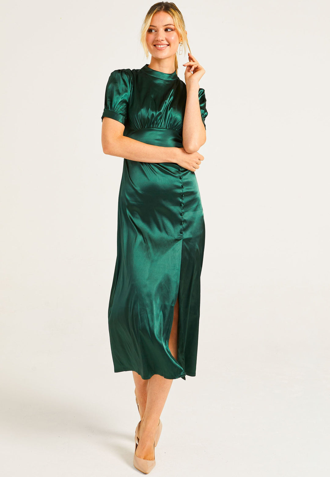 Puff Sleeve Midi Dress With Leg Slit In Dark Green - ANGELEYE