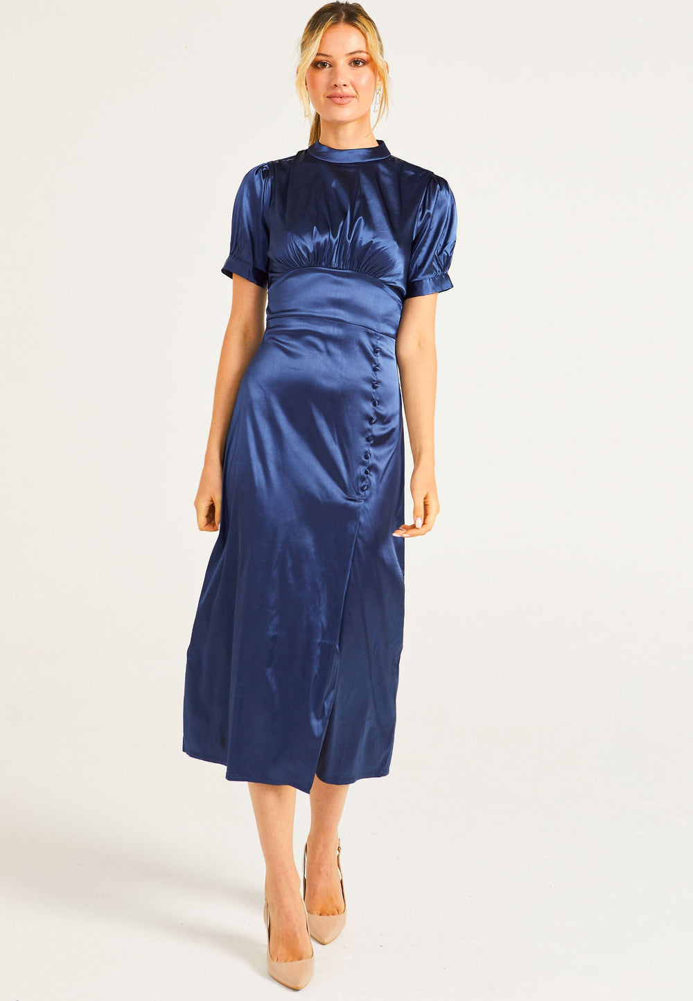 Puff Sleeve Midi Dress With Leg Slit In Navy - ANGELEYE