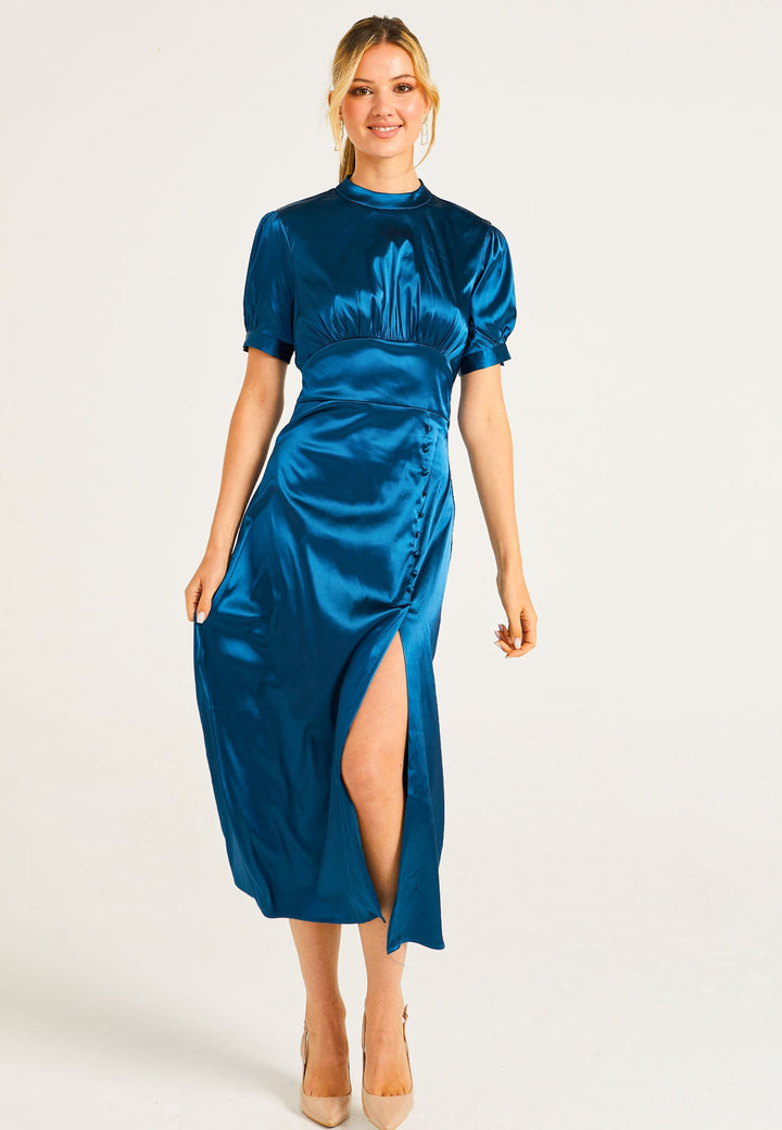 Puff Sleeve Midi Dress With Leg Slit In Teal - ANGELEYE