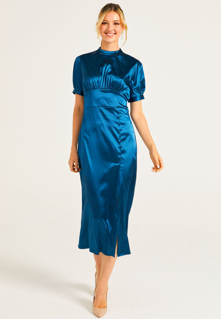 Puff Sleeve Midi Dress With Leg Slit In Teal - ANGELEYE