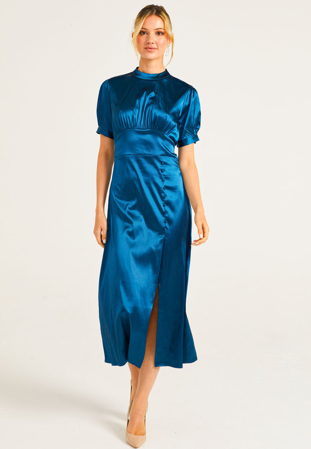 Puff Sleeve Midi Dress With Leg Slit In Teal - ANGELEYE
