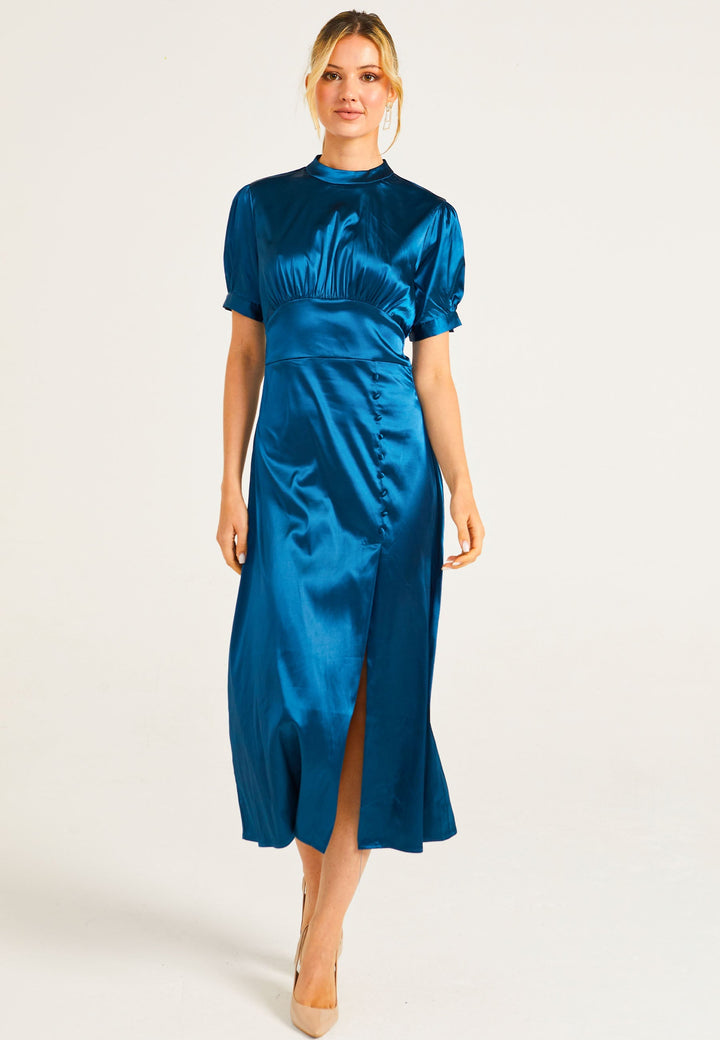Puff Sleeve Midi Dress With Leg Slit In Teal - ANGELEYE