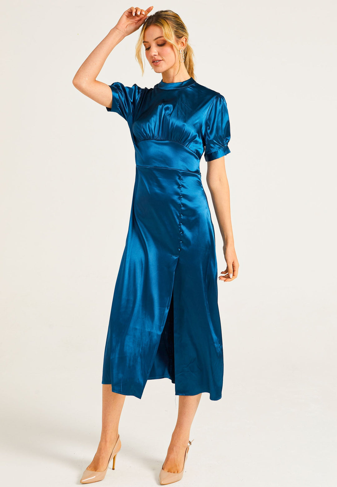 Puff Sleeve Midi Dress With Leg Slit In Teal - ANGELEYE