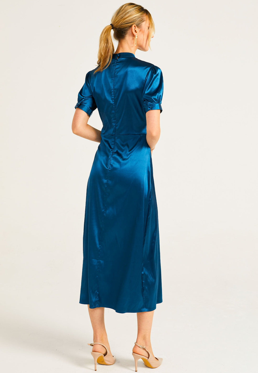 Puff Sleeve Midi Dress With Leg Slit In Teal - ANGELEYE