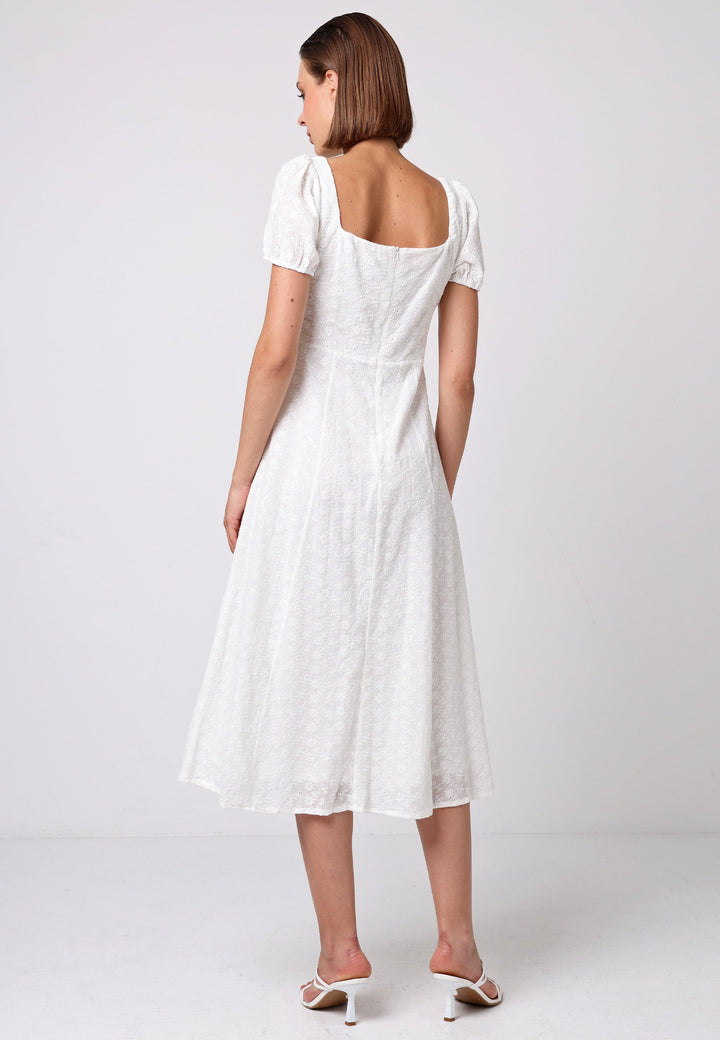 (5P.PACK) Cotton Broderie Puff Sleeve Square Neck Midi Dress in White - jqwholesale.com