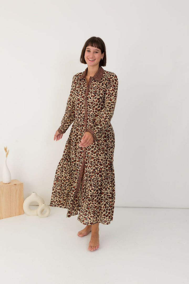 Cotton shirt dress with leopard print
