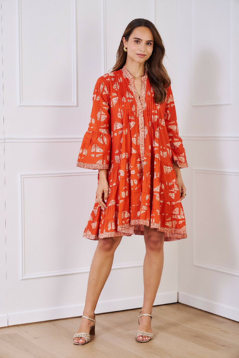Short A-line dress in printed cotton- Orange