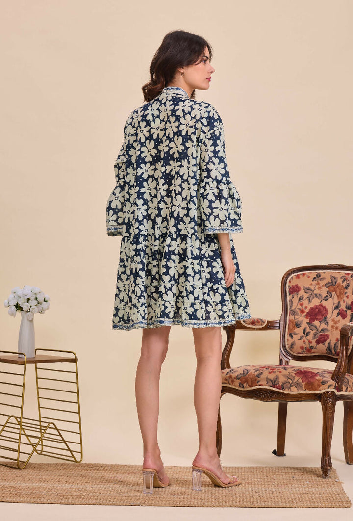 Short A-line dress in printed cotton- Navy