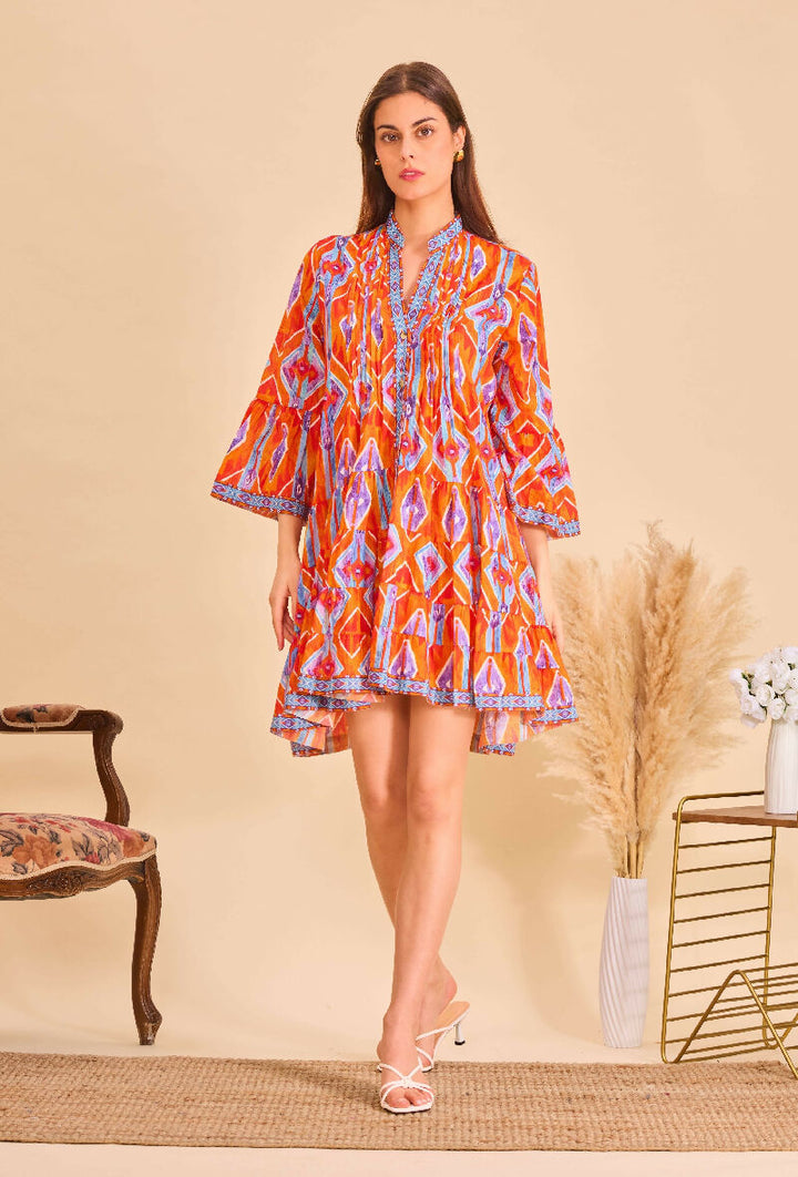 Short A-line dress in printed cotton- Orange
