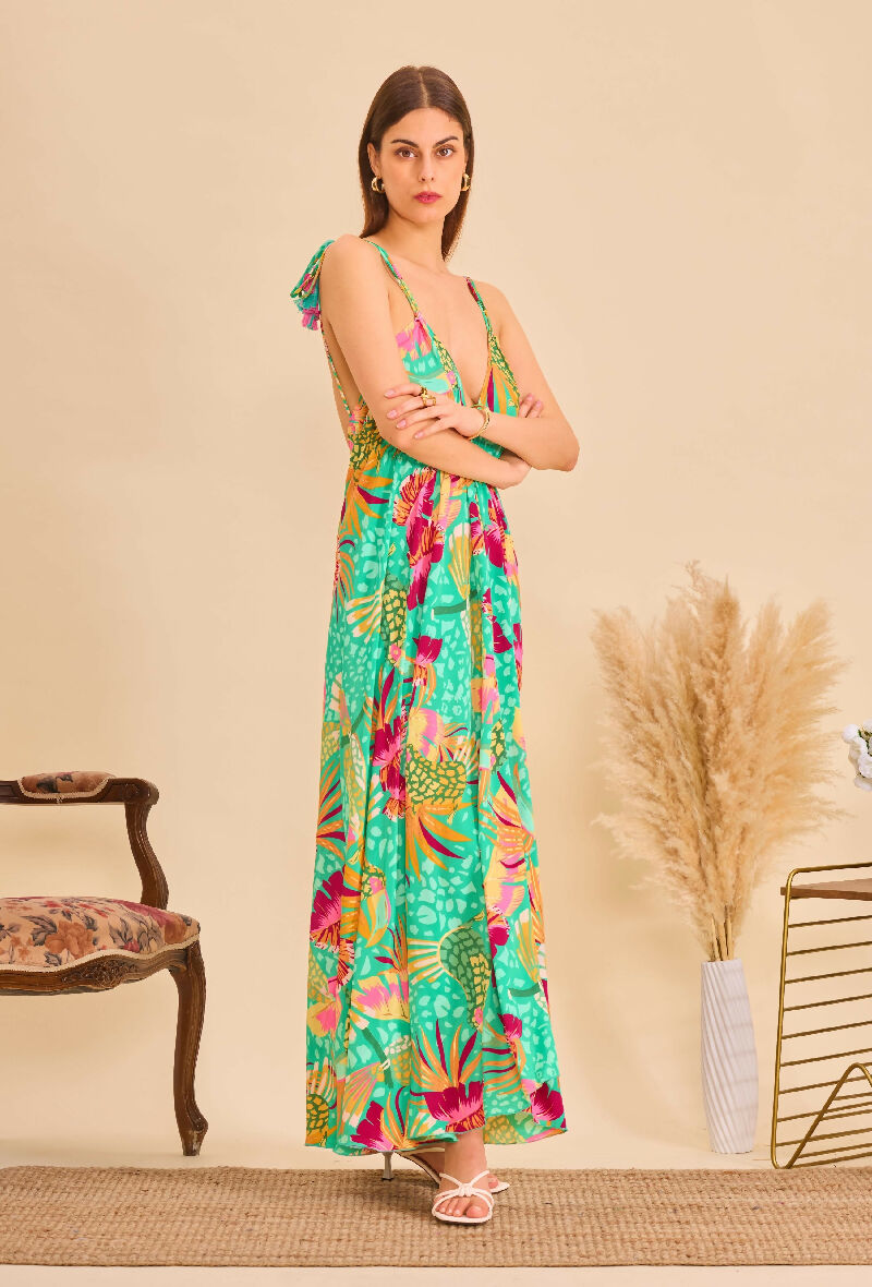 Long bohemian silk backless dress - Green