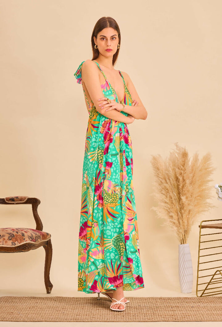 Long bohemian silk backless dress - Green