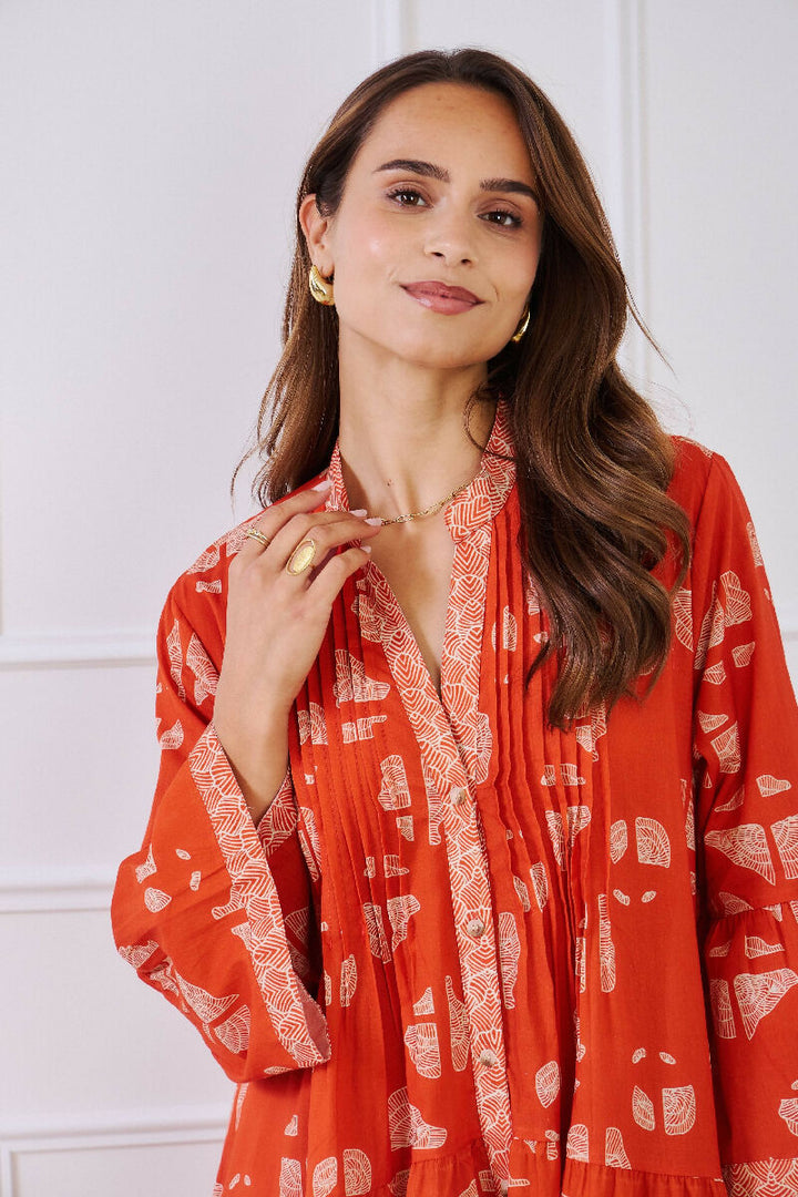 Short A-line dress in printed cotton- Orange