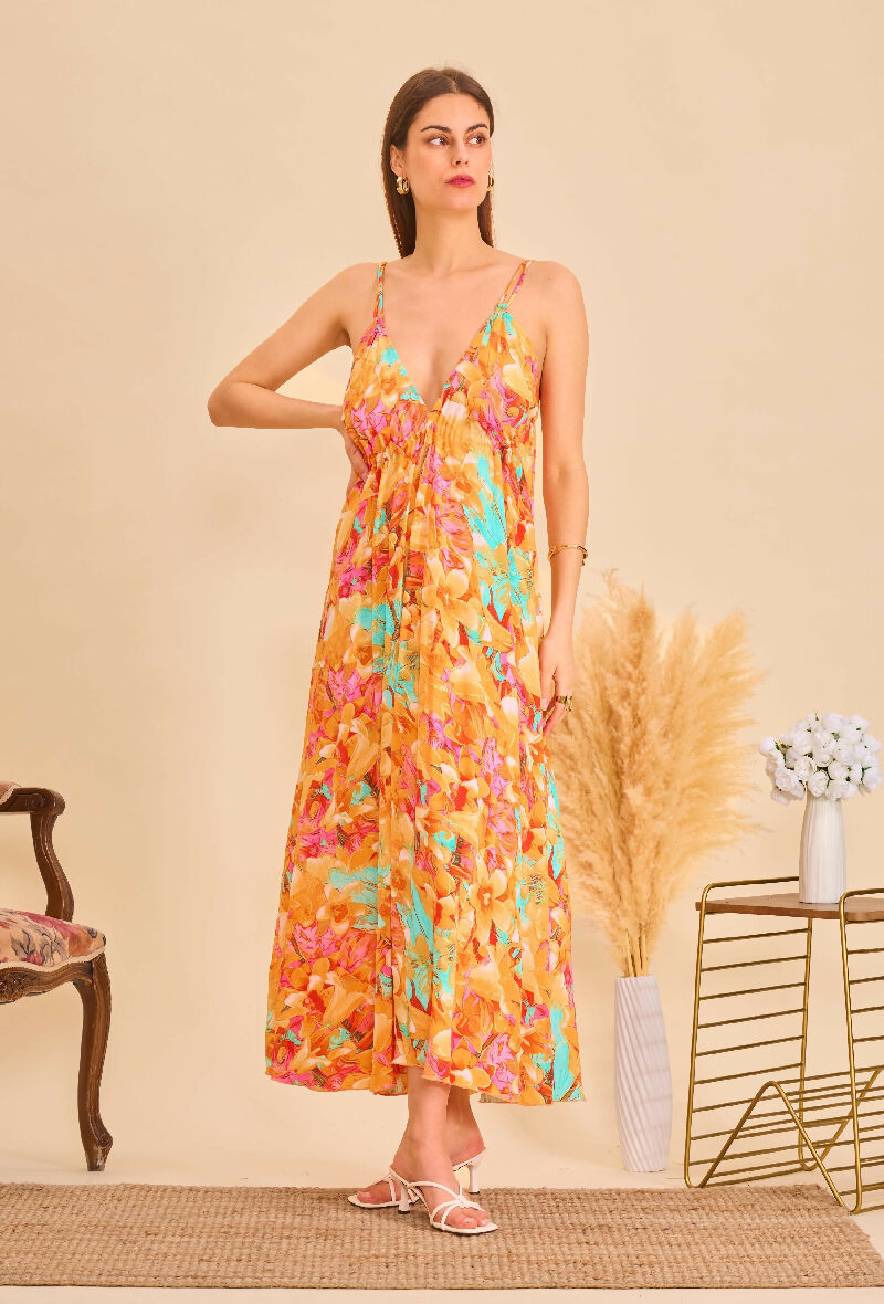 Long bohemian silk backless dress - Orange