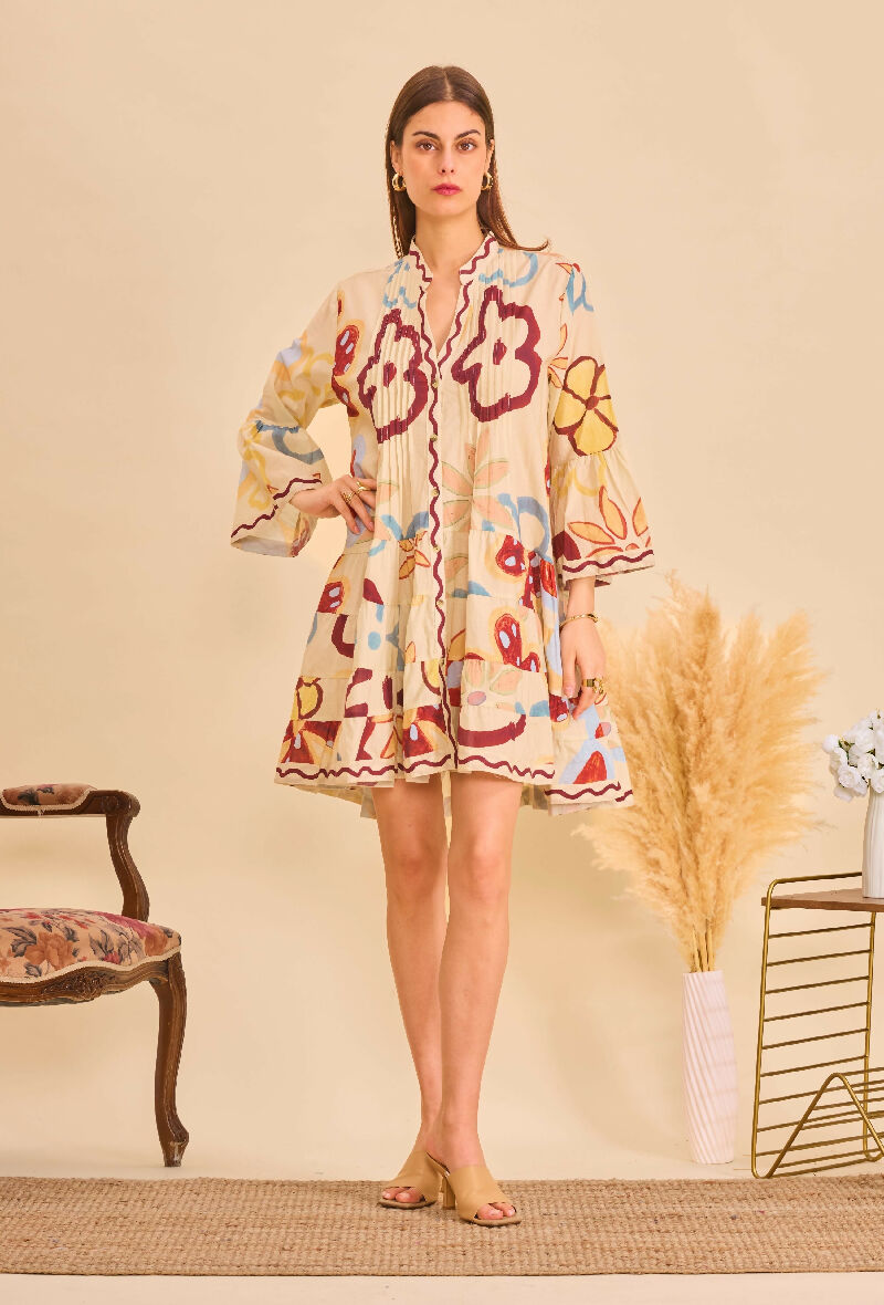 Short A-line dress in printed cotton- Flower