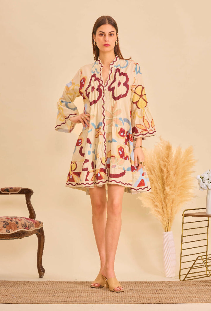 Short A-line dress in printed cotton- Flower