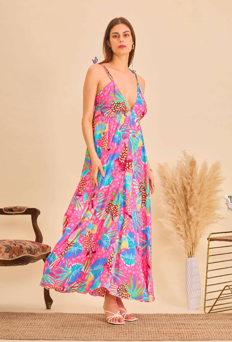 Long bohemian silk backless dress - Bleu/Pink