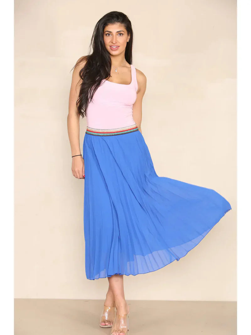 Pleated Midi Skirt with Rainbow Elasticated Waistband - jqwholesale.com