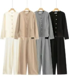 Gold Button Plain Two Piece Classic Coord Loungewear Set (2P.PACK)