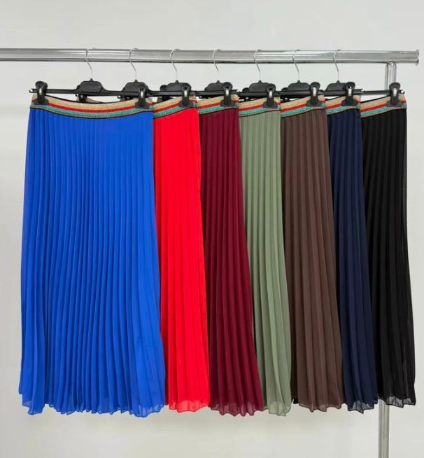 Pleated Midi Skirt with Rainbow Elasticated Waistband - jqwholesale.com