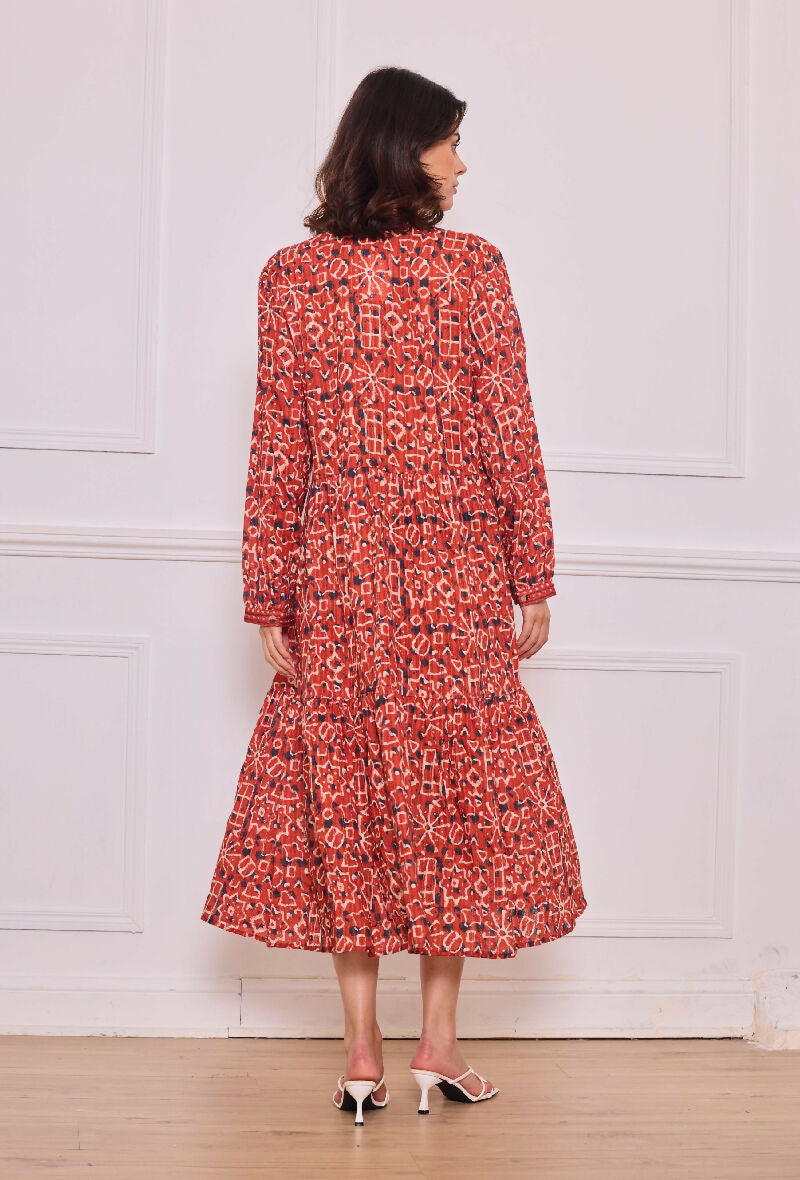 Mid-length cotton shirt dress - Red