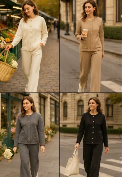 Gold Button Plain Two Piece Classic Coord Loungewear Set (2P.PACK)