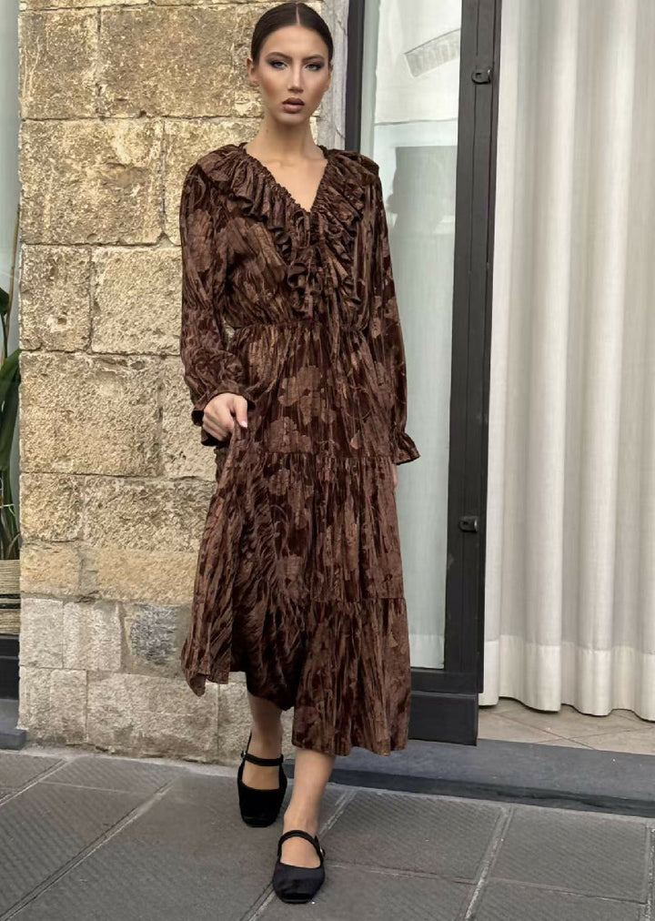 Long Pleated Velvet Ruffle Dress