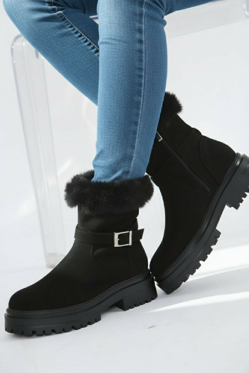 Black Faux Fur Collar Buckle Ankle Boot (PACK OF 12 PAIRS UK3-UK8) - jqwholesale.com