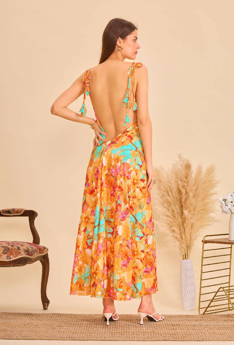 Long bohemian silk backless dress - Orange