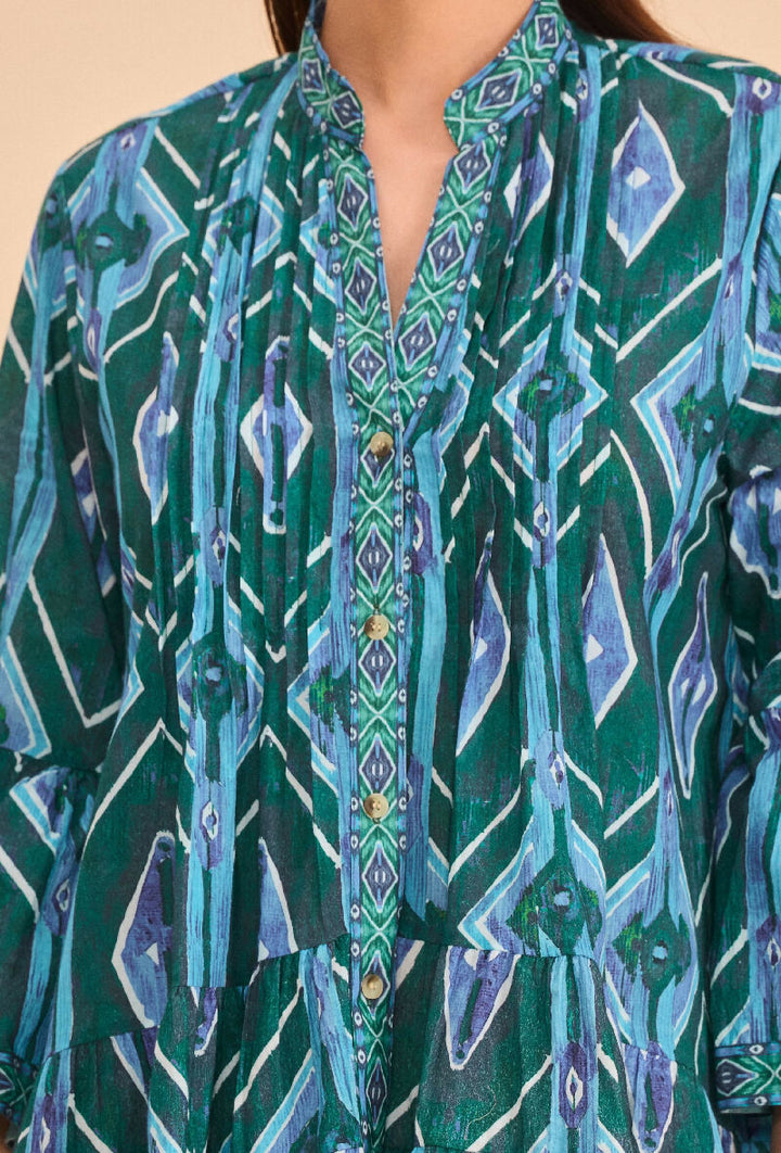 Short A-line dress in printed cotton- Green