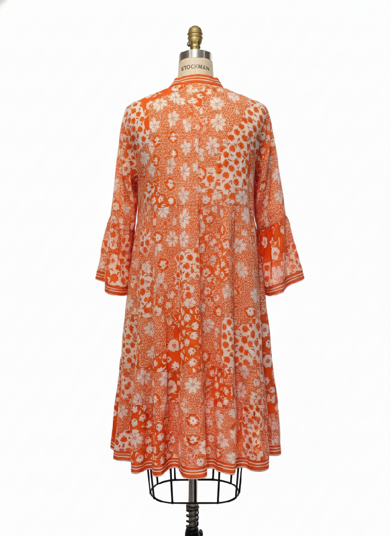 Short A-line dress in printed cotton- Orange