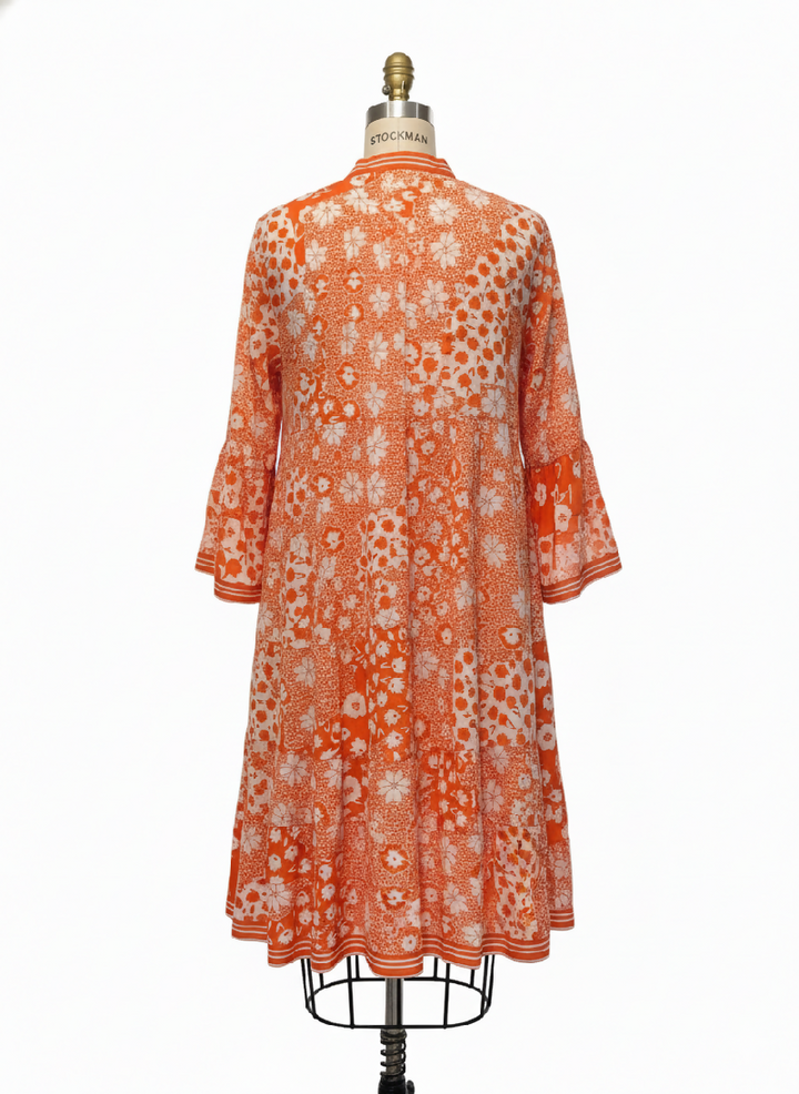 Short A-line dress in printed cotton- Orange