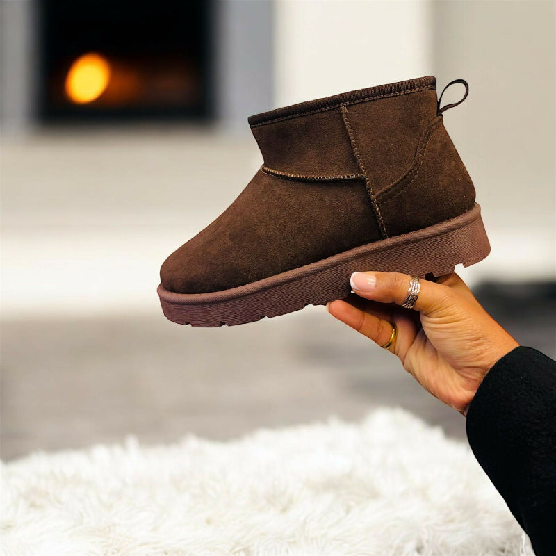 BROWN FAUX SUEDE ULTRA MINI COZY SNOW ANKLE BOOTS (PACK OF 12 PAIRS UK3-UK8) - jqwholesale.com
