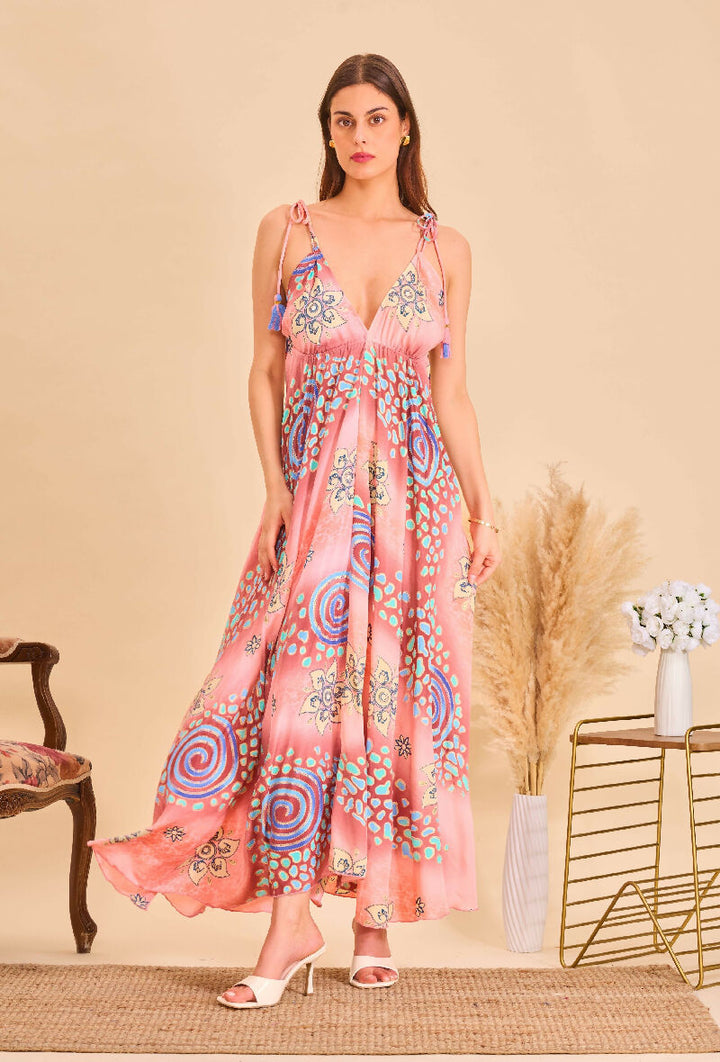 Long bohemian silk backless dress - Pink