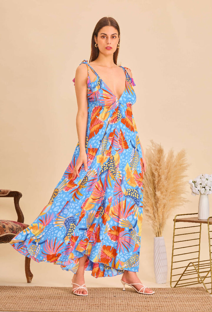 Long bohemian silk backless dress - Blue