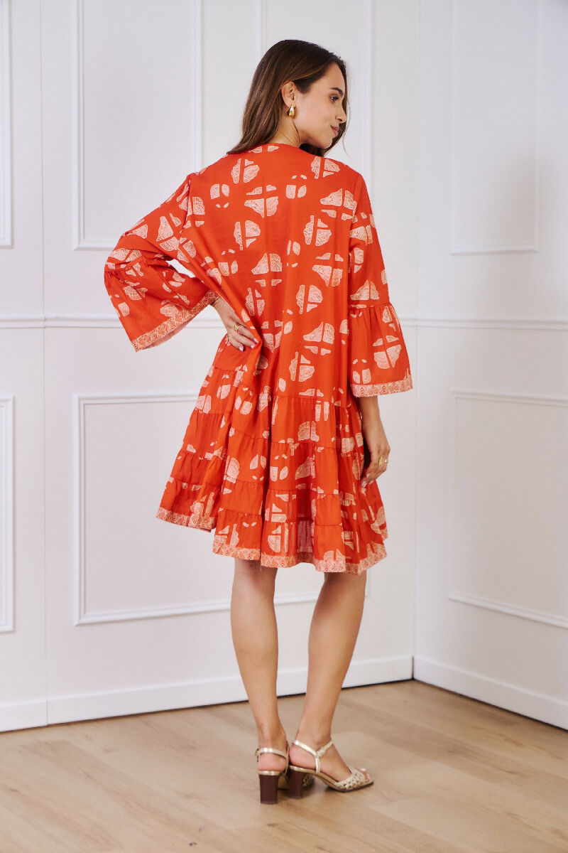 Short A-line dress in printed cotton- Orange