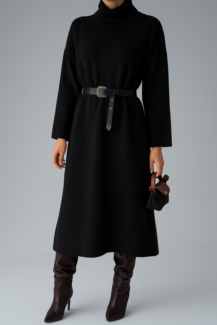 Roll-Neck Relaxed Knit Dress in Black