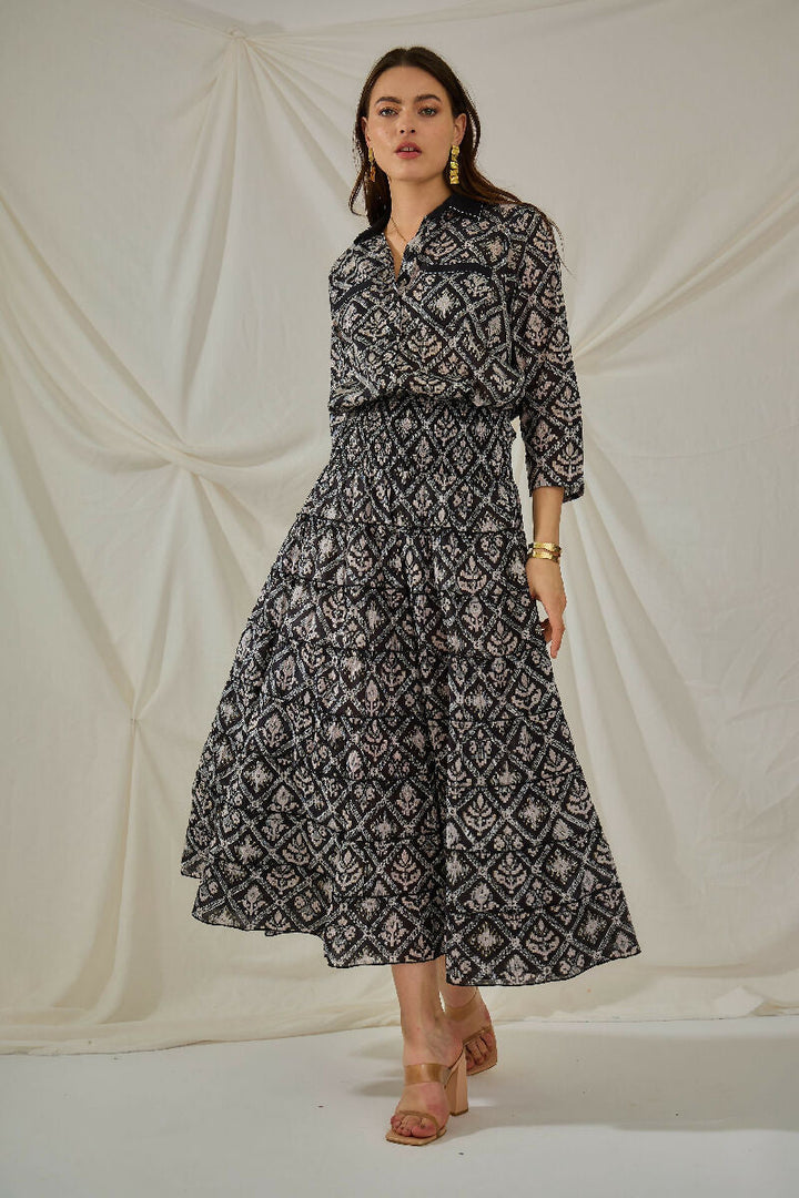 Bohemian long cotton smocked skirt- Black