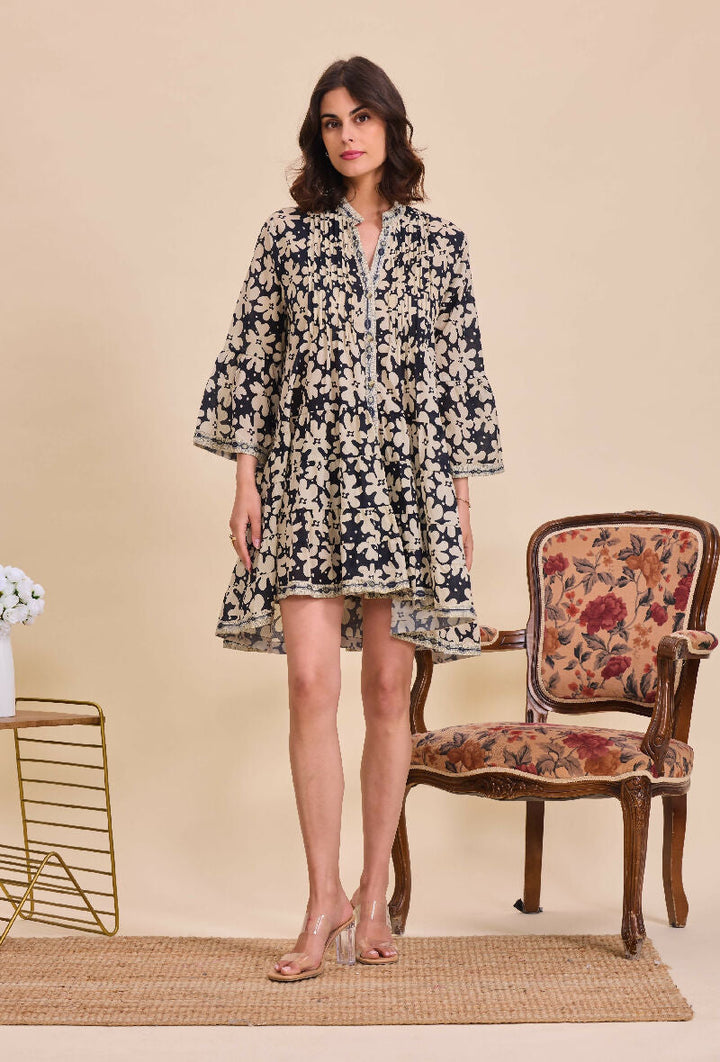 Short A-line dress in printed cotton- Black