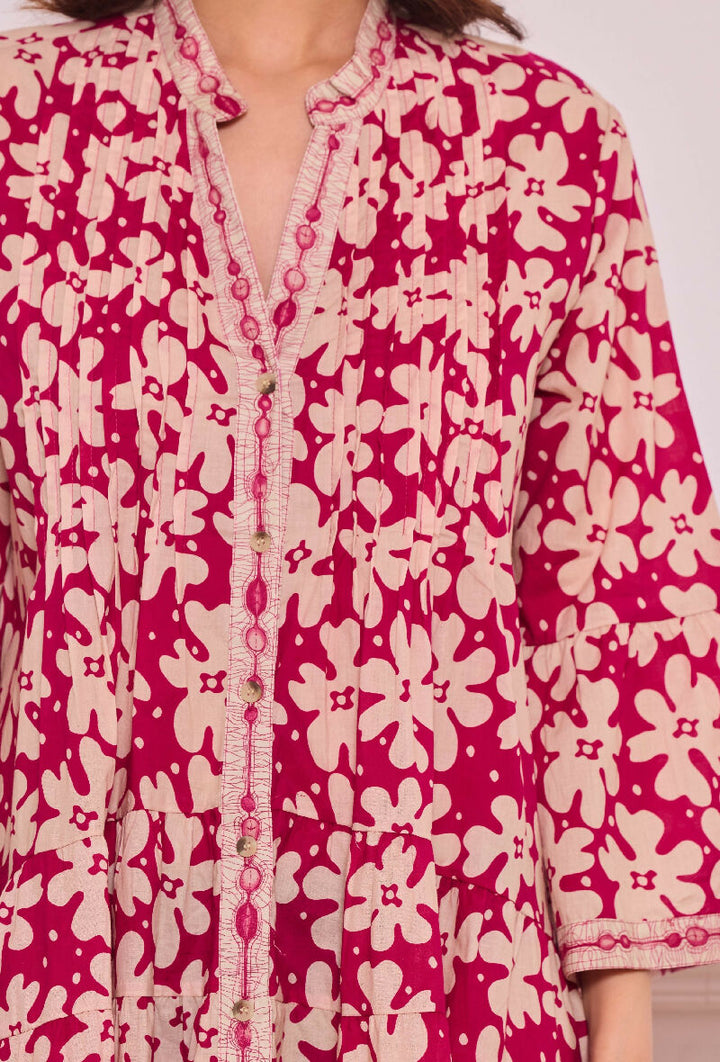 Short A-line dress in printed cotton- Fuchsia