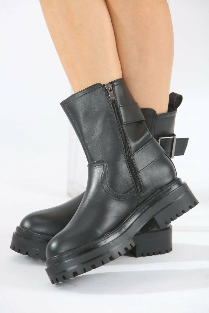 Black Double Buckle Chunky Biker Boots (PACK OF 12 PAIRS UK3-UK8)