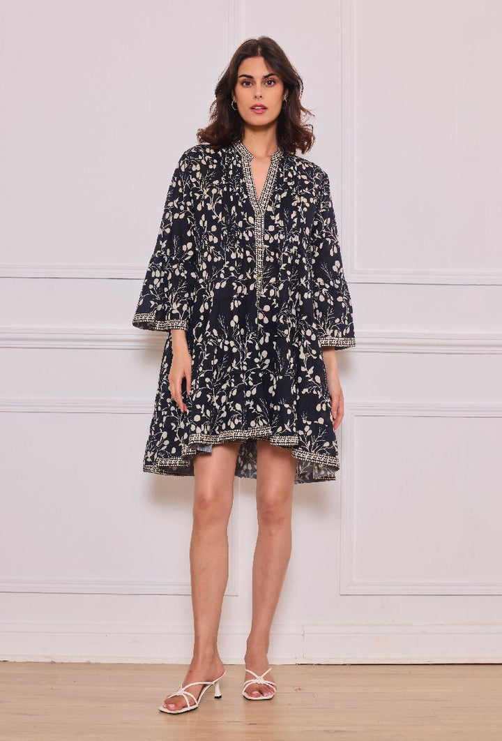 Short A-line dress in printed cotton- Black